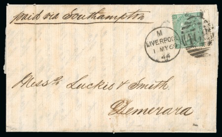 Great Britain. 1869 (May 1). Entire from Liverpool to Demerara, with 1867-80 1s pl.4