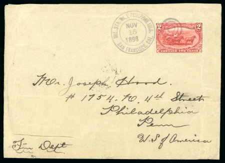 1898 (Nov 15). Cover from Manila to Philadelphia, bearing Trans-Mississippi 2c tied by Baker D-2