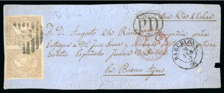 1865 Front of Valentine envelope with embossed surround, sent from Barcelona to Buenos Aires