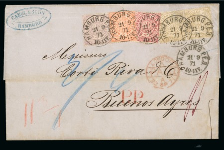 Germany - North German Confederation. 1871 (Sep 21). Entire from Hamburg to Buenos Aires, with 1869 1/4gr, 1/2rg, 1gr and pair of 5gr