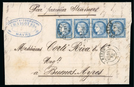 France. 1876 (May 30). Lettersheet from Le Havre to Buenos Aires, with 1871 25c type III strip of four