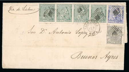 Spain. 1874 (Feb 1). Entire from Tarragona to Buenos Aires, with 1874 10c strip of four and 50c paying the 90c rate plus War Tax 1873 5c