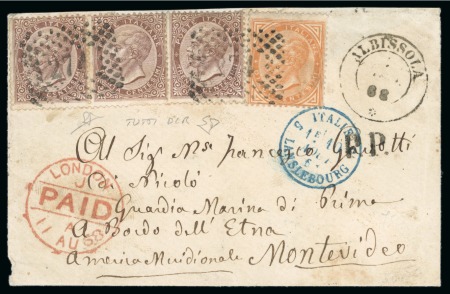 Italy. 1868 (Aug 8). Envelope from Albissola to an office of the Corvette "Etna" in the Montevideo roadstead