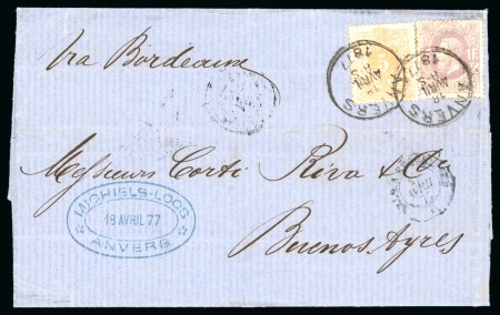Stamp of Brazil » Incoming Mail Belgium. 1877 (Apr 18). Entire from Antwerp to Buenos Aires, with 1870 5c and 1F