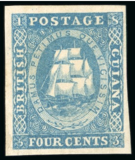 Stamp of British Guiana » 1853 Waterlow Lithographs (SG 11-21) 1853-55 Waterlow lithographed 4 cents blue, an extraordinary example with part original gum
