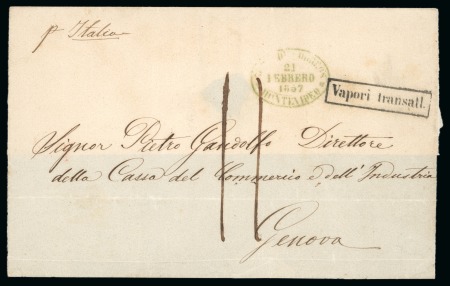 1857 (Feb 21) Part cover (front and top backflap) from Montevideo to Genoa, Italy