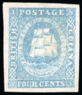 Stamp of British Guiana » 1853 Waterlow Lithographs (SG 11-21) 1855 Waterlow lithographed 4 cents pale blue, unused without gum