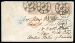Stamp of United States » Incoming Mail Spain. 1865 (Jan 7). Envelope from Cadiz to New York, USA,with 1865 2r imperf. strip of four