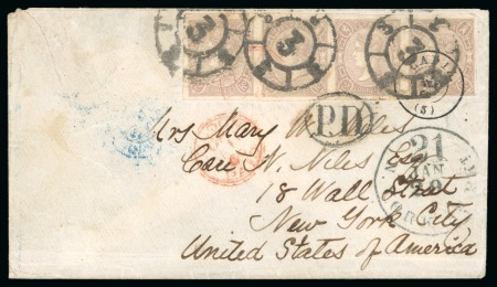 Spain. 1865 (Jan 7). Envelope from Cadiz to New York, USA,with 1865 2r imperf. strip of four