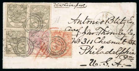Denmark. 1865ca. (31 Mar). Envelope from Copenhagen to the USA, with 1864-70 16s single and pair, 3s and 4s