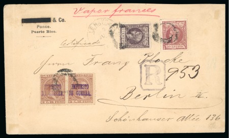 Stamp of United States » U.S. Possessions » Puerto Rico (US) » Spanish Issues 1898 1c, 20c and War Tax 2c pair, used on registered cover to Germany - Some mint war tax stamps