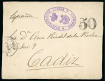 1898 (July 13). Stampless cover front to Cadiz (Spain), superb "CAZATORPEDERO TERROR/COMANDANCIA" oval hs