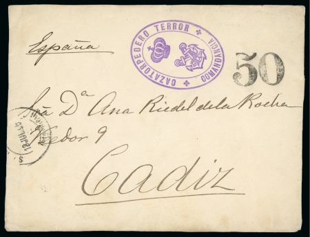 Stamp of United States » U.S. Possessions » Puerto Rico (US) » Spanish Military Mail 1898 (July 13). Stampless cover front to Cadiz (Spain), superb "CAZATORPEDERO TERROR/COMANDANCIA" oval hs