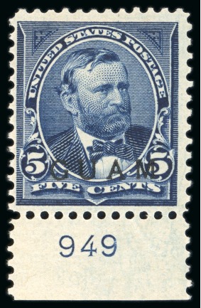 1899 5c blue from the 1900 Special Printing, lower marginal with plate no. 949