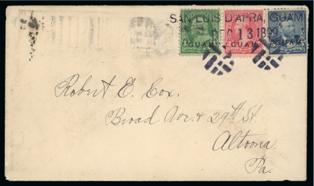 1899 (Dec 13). Envelope from San Luis D'Apra to Pennsylvania, with 1899 1c, 2c and 5c, tied by blue rubber straight-lines and cork killers