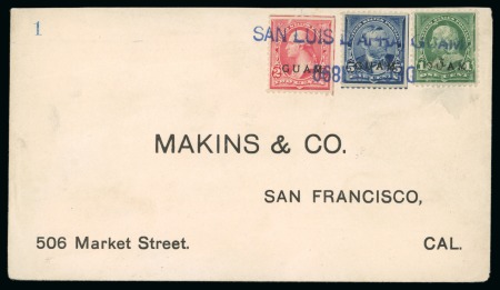 1899 (Dec 9). Envelope from San Luis D'Apra to California, with 1899 1c, 2c and 5c, tied by blue two-line ds