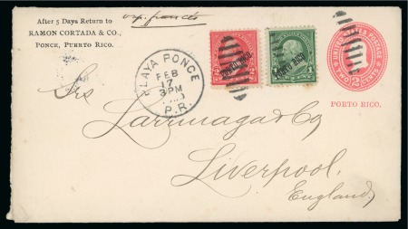 1900 (Feb 17). Puerto Rico 2c stationery envelope to Liverpool, uprated with 1899 1c & 2c