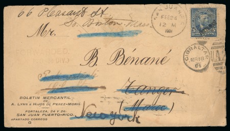 1901 (Feb 24). Commercial envelope to Tangiers (Morocco), franked by 1899 5c, redirected to Gibraltar, New York and Boston