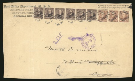 1899 (June 6). Large official envelope to France franked by 1899 8c strip of six and 10c single & pair