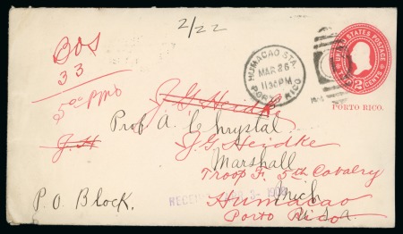 1900 (March 26). 2c stationery envelope from Humacao to Michigan, "Humacao Sta./Porto Rico/1"