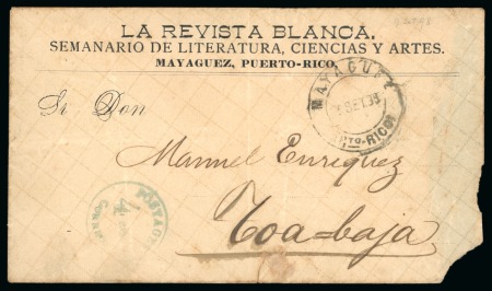 Mayaguez Provisional. 1898 "La Revista Blanca" envelope to Toa-Baja, "POSTAGES/4cts/CORREOS" 