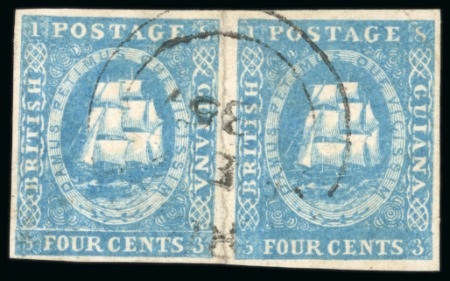 Stamp of British Guiana » 1853 Waterlow Lithographs (SG 11-21) 1853-55 Waterlow lithographed 4 cents blue, a rejoined used pair with retouch at right