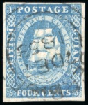 1853-55 Waterlow lithographed 4 cents deep blue (2) and blue (1) retouched