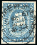 1853-55 Waterlow lithographed 4 cents deep blue (2) and blue (1) retouched