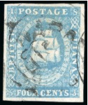 1853-55 Waterlow lithographed 4 cents deep blue (2) and blue (1) retouched