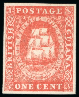 Stamp of British Guiana » 1853 Waterlow Lithographs (SG 11-21) 1853 Waterlow lithographed 1 cent vermilion, unused without gum