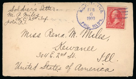 Stamp of United States » U.S. Possessions » Philippines » Military Mail and Stations 1900 (Feb 6). 2c U.S. forerunner on soldiers letter from Jolo to Illinois, (Baker C-3)