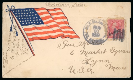 Stamp of United States » U.S. Possessions » Philippines » Military Mail and Stations 1899 (Nov 30). Soldier’s YMCA cover illustrated with patriotic flag,  2c regular issue, tied with San Fernando Military Station duplex