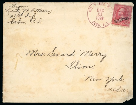 Stamp of United States » U.S. Possessions » Philippines » Military Mail and Stations 1899 (Dec 21). Soldier’s cover from Cebu, 2c regular issue tied by Cebu Military Station duplex 