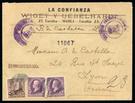 Stamp of United States » U.S. Possessions » Philippines » U.S. Administration - Regular Issues Registered cover from Manila to France, 3c (2) and 8c regular issues