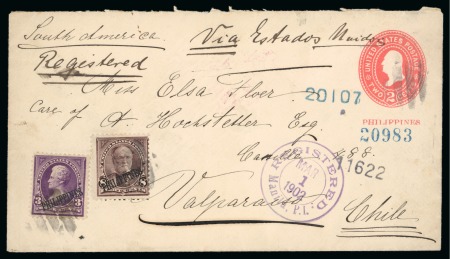 Uprated 2c pre-stamped envelope (Scott U8) from Manila via U.S.A. to Valparaiso, Chile