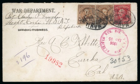 Stamp of United States » U.S. Possessions » Philippines » U.S. Administration - Regular Issues Registered War Department Penalty cover bearing 1903-04 4c (2) and 2c, elusive Manila red circular registration ds