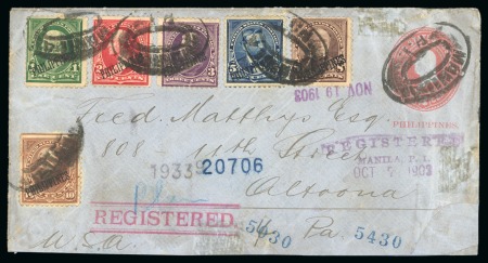 Stamp of United States » U.S. Possessions » Philippines » U.S. Administration - Regular Issues Registered 2c stationery envelope (Scott U18) from Manila to Pennsylvania, uprated with 1899 1c, 2c, 3c, 5c & 10c type I, and 1901 8c