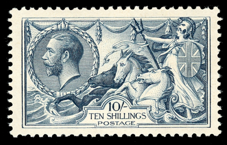 Stamp of Great Britain » King George V » 1913-19 Seahorse Issues 1918 Bradbury Wilkinson 10/- steel blue; a well centred