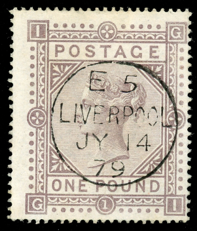 Stamp of Great Britain » 1855-1900 Surface Printed » 1867-83 High Values 1867-83 wmk anchor, £1 brown-lilac, Pl. 1, GI, centred