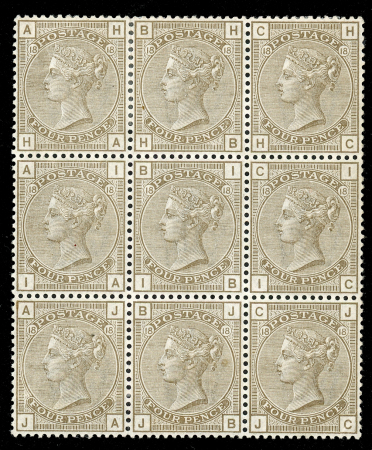Stamp of Great Britain » 1855-1900 Surface Printed » 1880-83 Large Coloured Corner Letters, Wmk Imperial Crown 1880-83 4d. grey-brown, Pl. 18 HA-JC mint block of