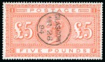 1882 £5 Orange CF on white paper, used