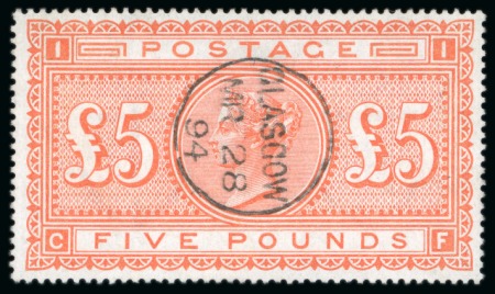 Stamp of Great Britain » 1855-1900 Surface Printed » 1867-83 High Values 1882 £5 Orange CF on white paper, used