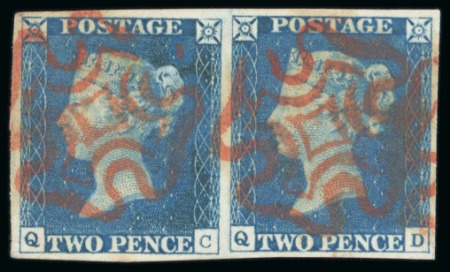 Stamp of Great Britain » 1840 2d Blue (ordered by plate number) 1840 2d Blue pl.1 QC-QD horizontal pair, good to large margins, both neatly cancelled by red MCs