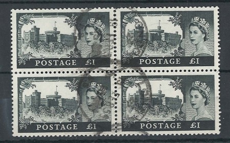 1958 1st De La Rue £1 used block of 4, rubber cds