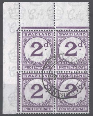 Stamp of Swaziland 1946 2d Postage Due on rough paper in CTO block 4 with Mbabane 21.6.46 cds