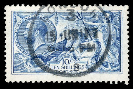 Stamp of Great Britain » King George V » 1913-19 Seahorse Issues 1915 De La Rue 10/- bright blue, Fine used with c.d.s.