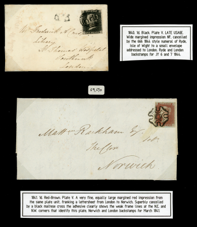 1840 1d. black, NF, Pl. 5, used on entire from the Isle of Wight to London 