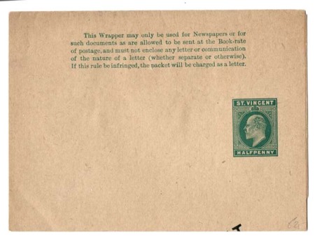 Stamp of St. Vincent 1902 1/2d green on yellowish newspaper wrapper (H&G3) overprinted 'Specimen'