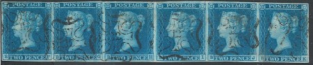 Stamp of Great Britain » 1841 2d Blue 1841 2d Blue pl.3 BF-BK strip of 6 with margins all around, cancelled by fine London "12" in Maltese Crosses