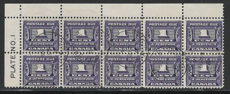 Stamp of Canada 1933 1c Postage Due plate 1 corner block 10, used